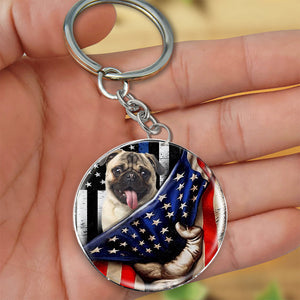 Pug-Inside American Flag Independence Day Round Resin Epoxy Metal Keychain