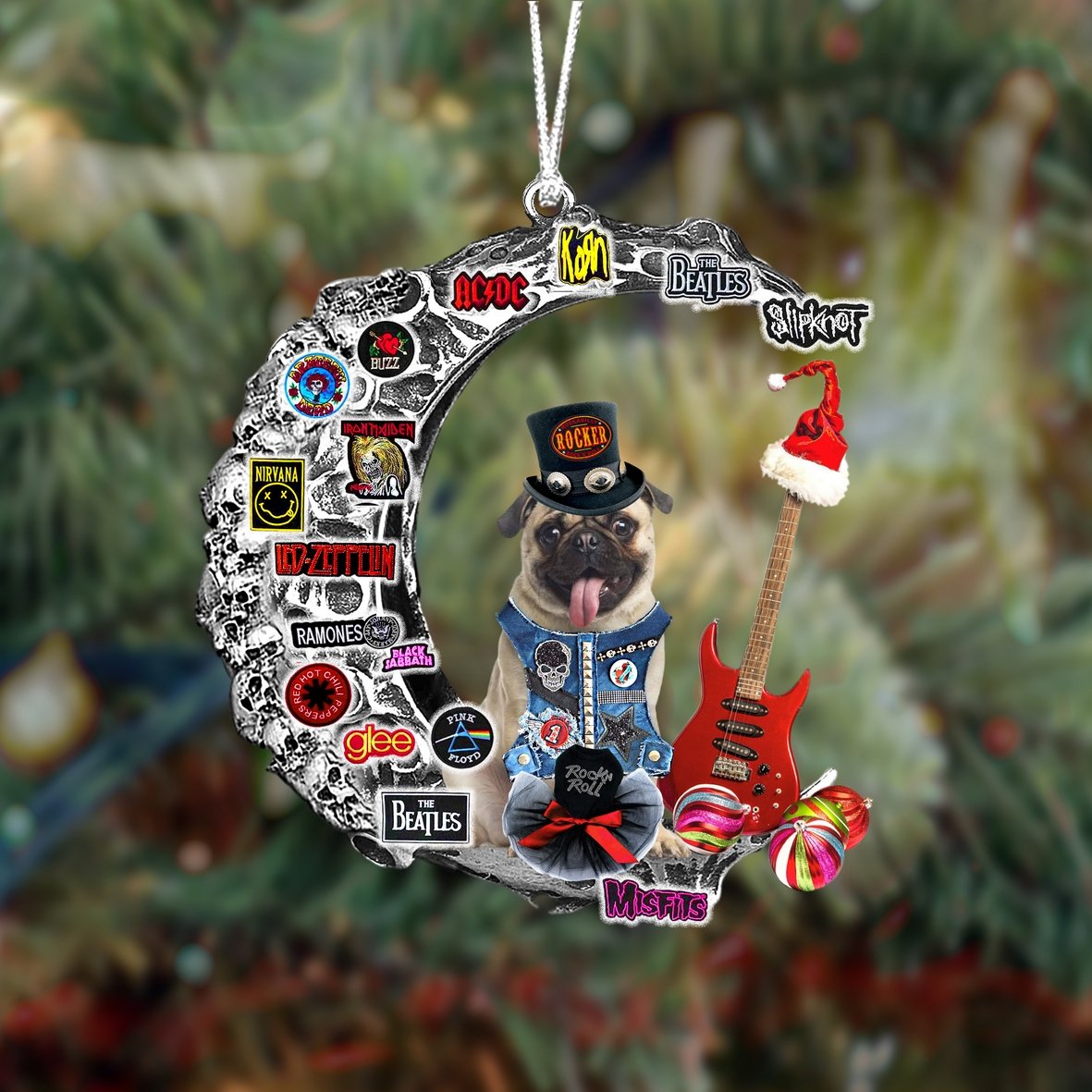 Pug-Metal Rock in Christmas Two Sided Ornament