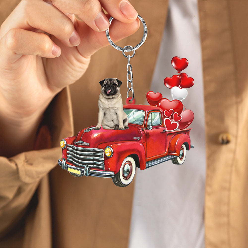 Pug-Red Sports Car flat Acrylic Keychain