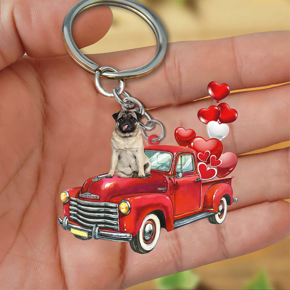 Pug-Red Sports Car flat Acrylic Keychain