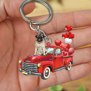 Pug-Red Sports Car flat Acrylic Keychain