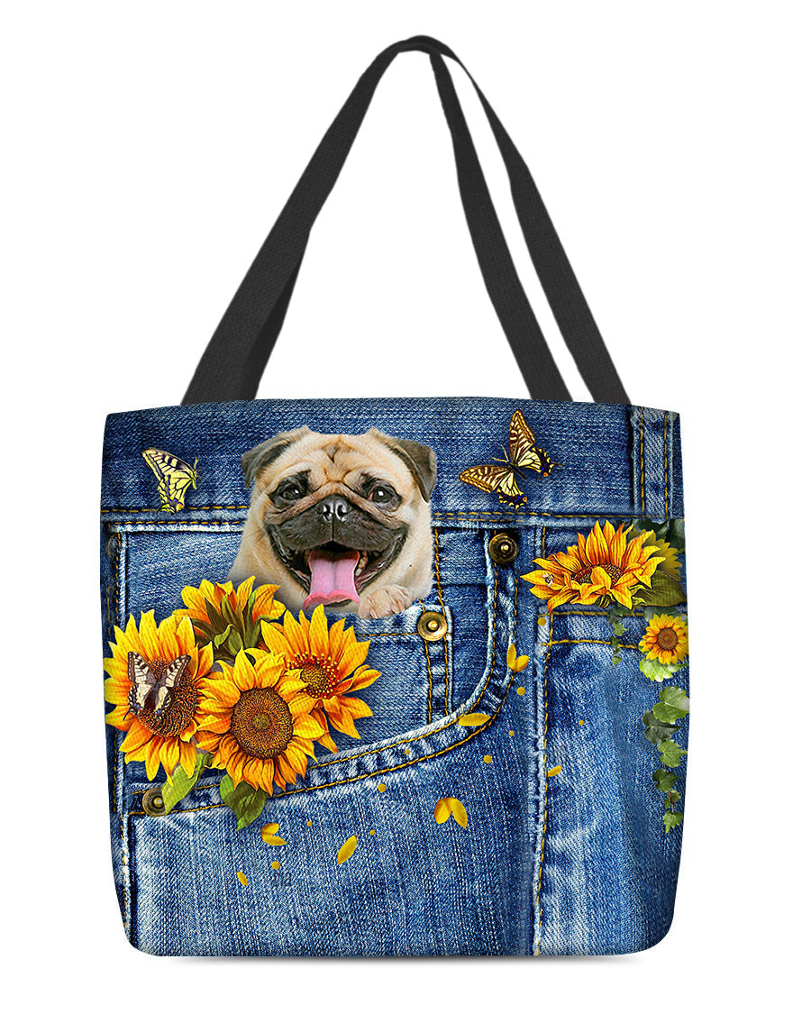 Pug-Sunflowers & Butterflies Cloth Tote Bag