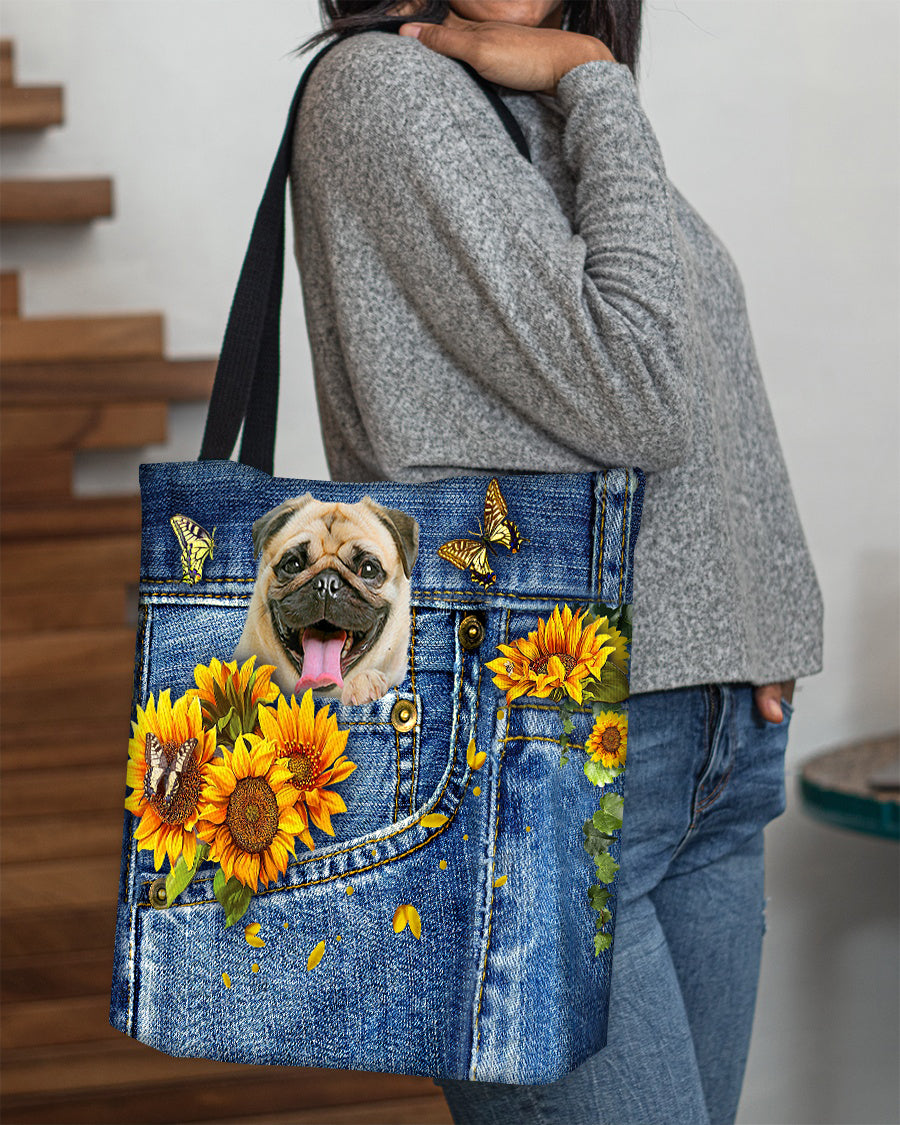 Pug-Sunflowers & Butterflies Cloth Tote Bag