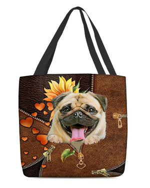 Pug-Sunflower&zipper Cloth Tote Bag