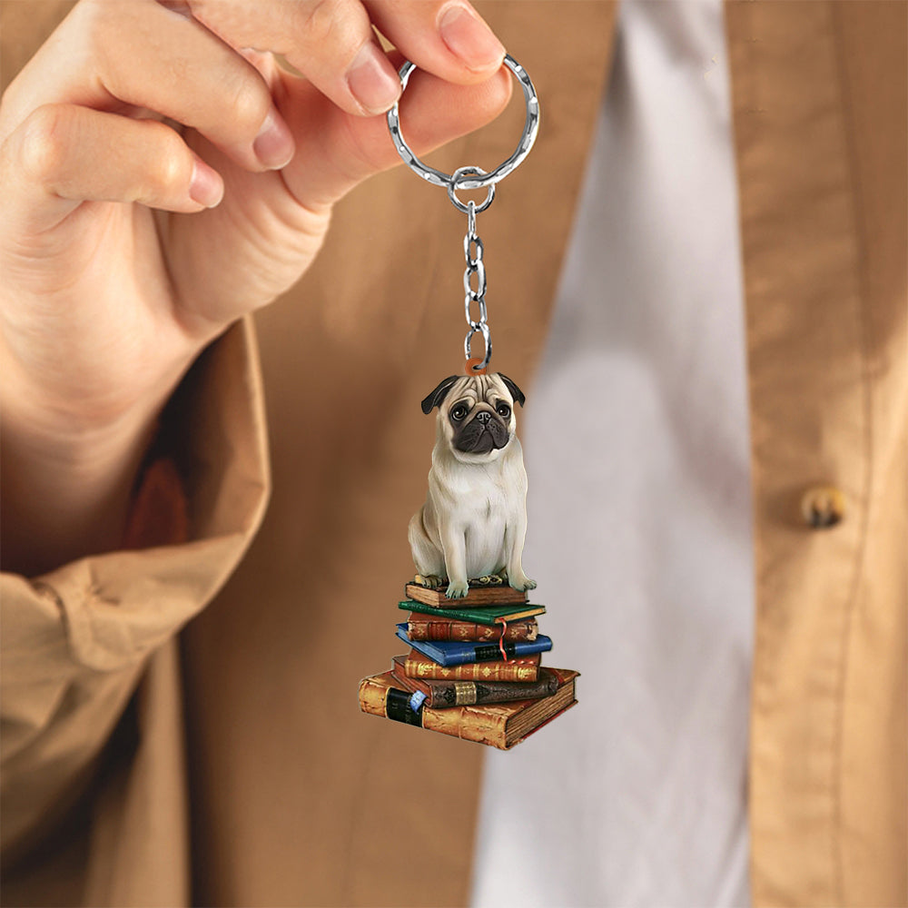 Pug-Sit On The Book-Flat Acrylic Keychain