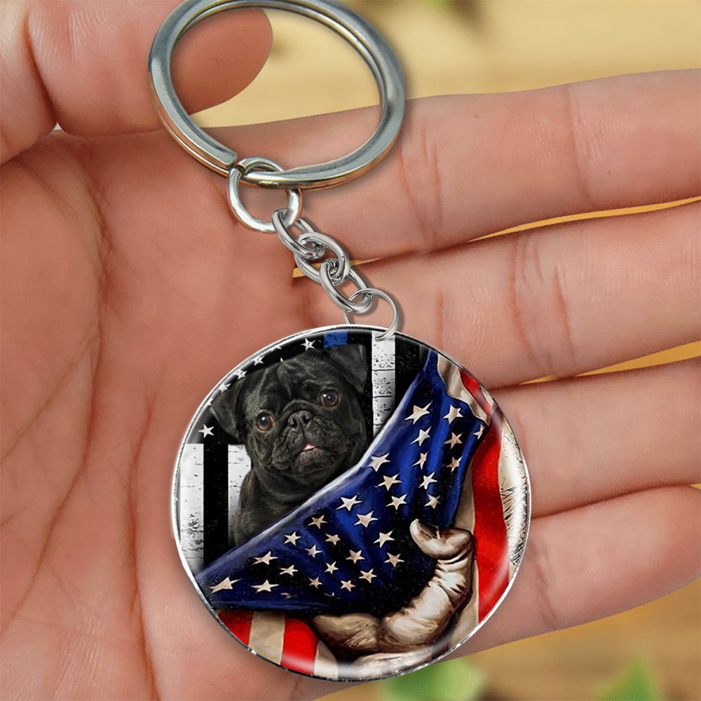 Pug2-Inside American Flag Independence Day Round Resin Epoxy Metal Keychain