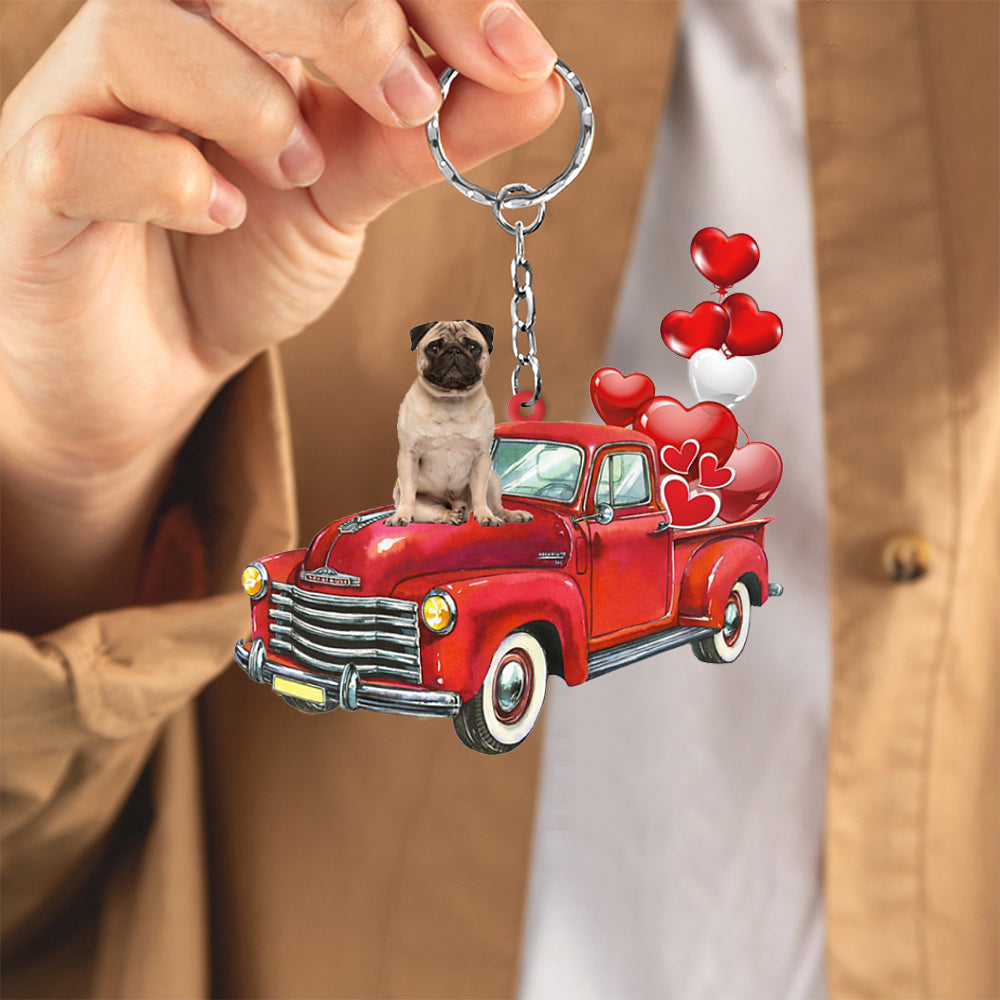 Pug 2-Red Sports Car flat Acrylic Keychain