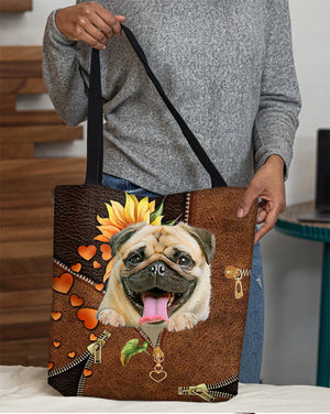 Pug-Sunflower&zipper Cloth Tote Bag