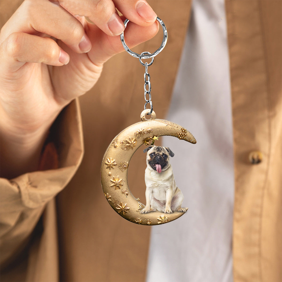 Pug 2-Dog & Moon Flat Acrylic Keychain