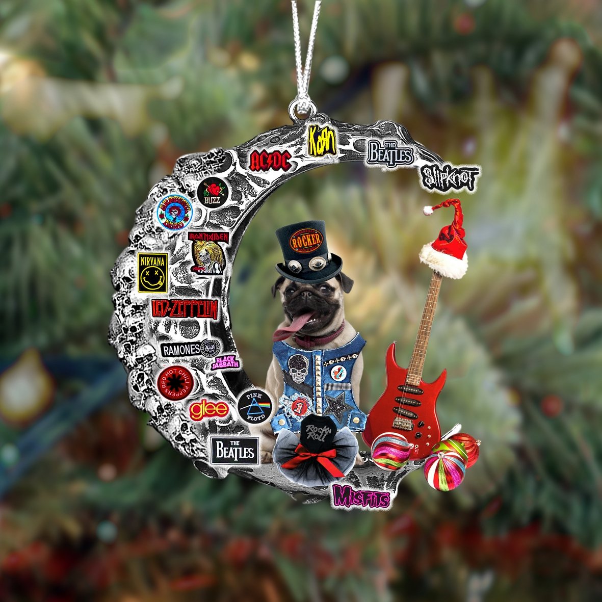 Pug 3-Metal Rock in Christmas Two Sided Ornament