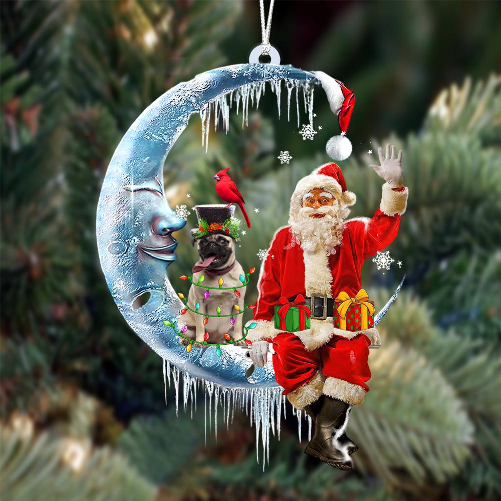 Pug 3-Santa Claus And Moon Two Sided Ornament