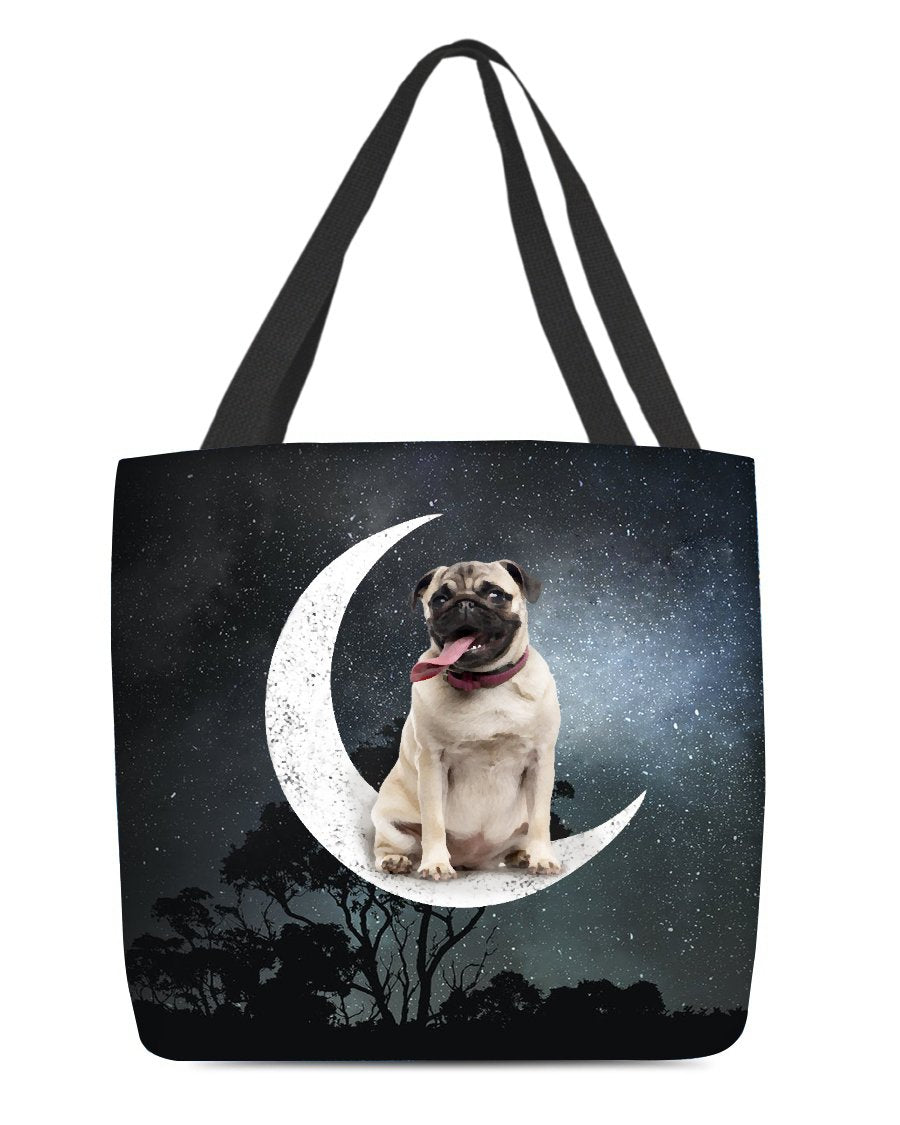 Pug3-Sit On The Moon-Cloth Tote Bag