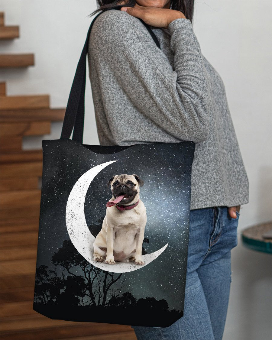 Pug3-Sit On The Moon-Cloth Tote Bag