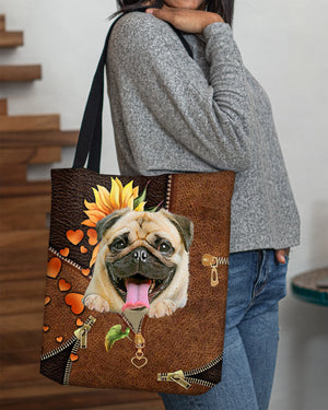 Pug-Sunflower&zipper Cloth Tote Bag