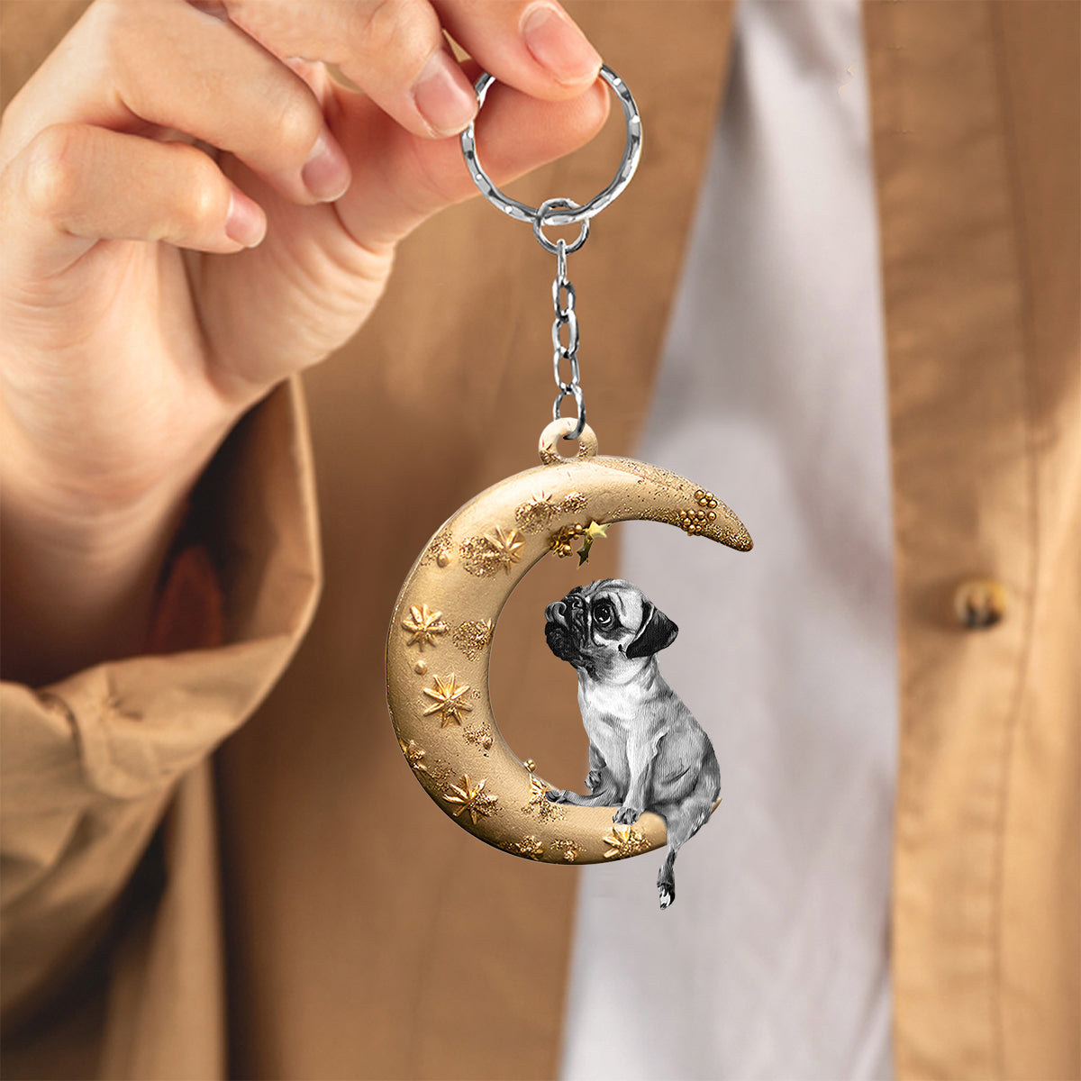 Pug-Dog & Moon Flat Acrylic Keychain