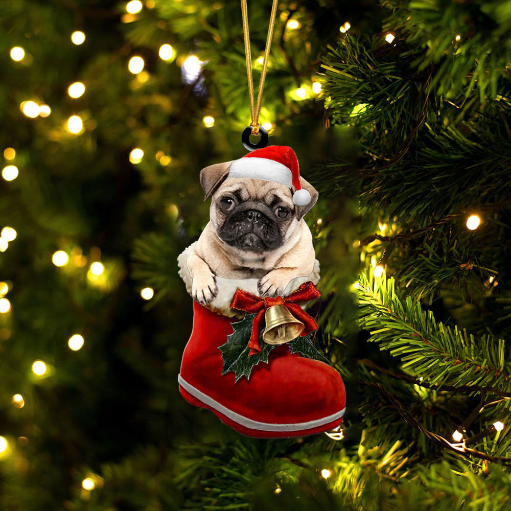 Pug (2)-1-In Santa Boot Christmas-Two Sided Ornament