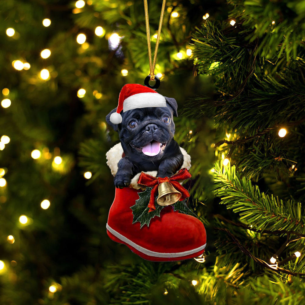 Pug (Black) 1-1-In Santa Boot Christmas-Two Sided Ornament