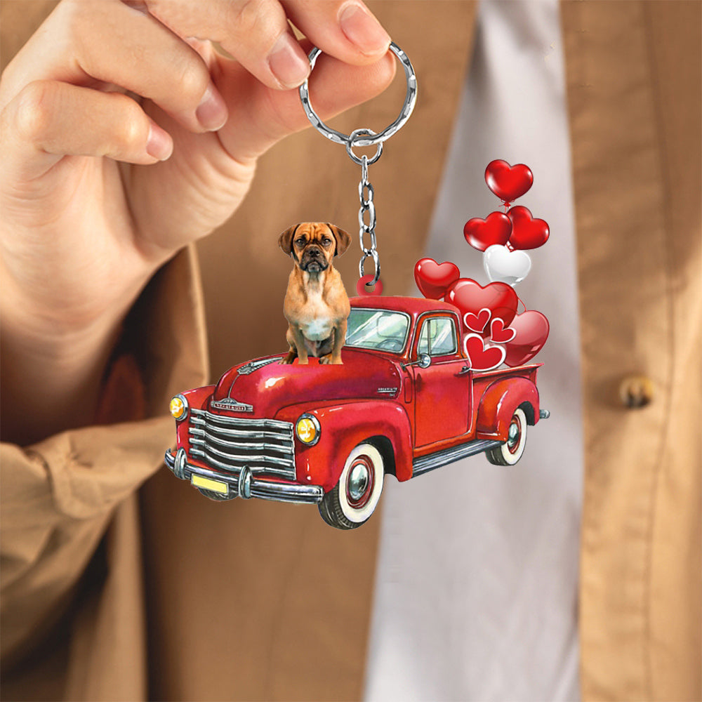 Puggle 2-Red Sports Car flat Acrylic Keychain