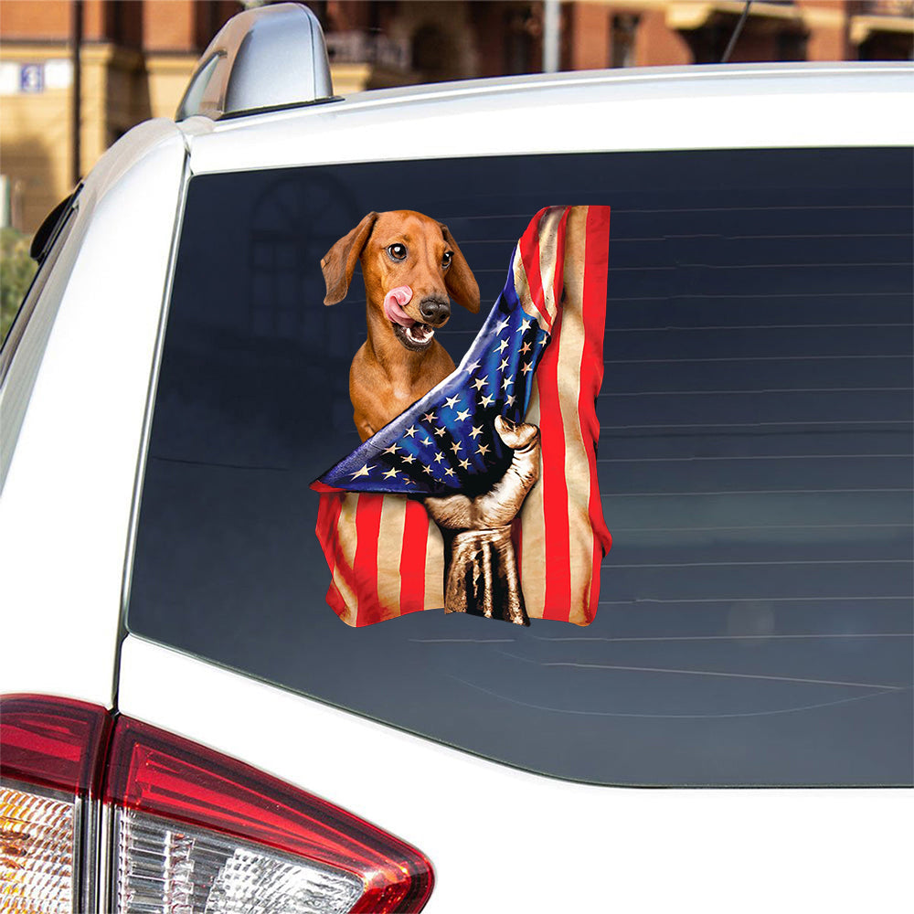 Red Dachshund-American Flag Front Car Sticker