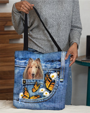 Rough-Collie-Butterfly Daisies Fait-CLOTH TOTE BAG