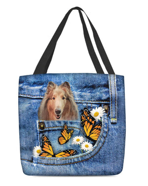 Rough-Collie-Butterfly Daisies Fait-CLOTH TOTE BAG