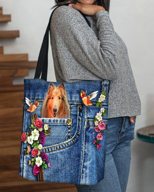 Rough Collie-Cardinal & Cross Flower Cloth Tote Bag