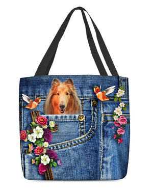 Rough Collie-Cardinal & Cross Flower Cloth Tote Bag