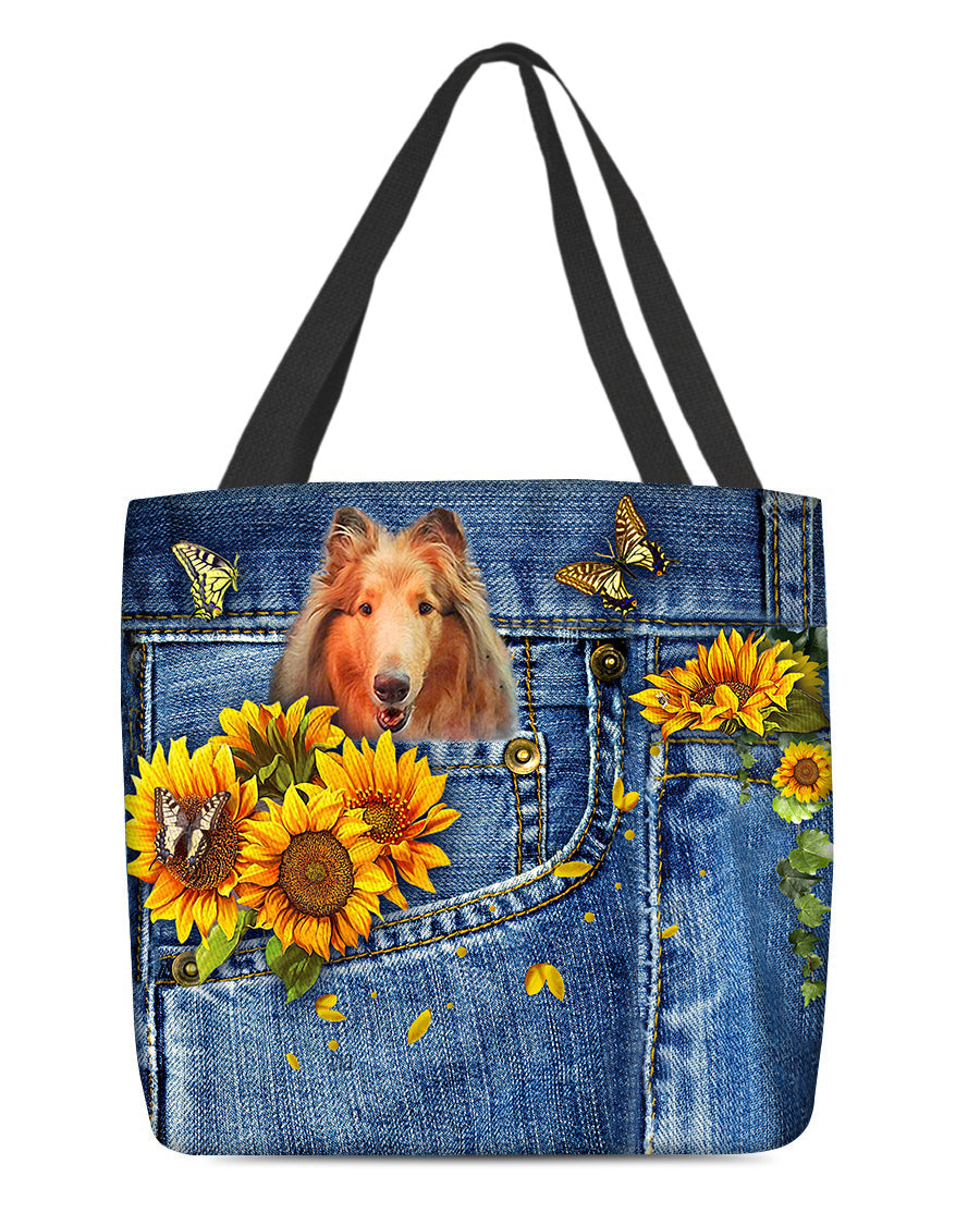 Rough Collie-Sunflowers & Butterflies Cloth Tote Bag