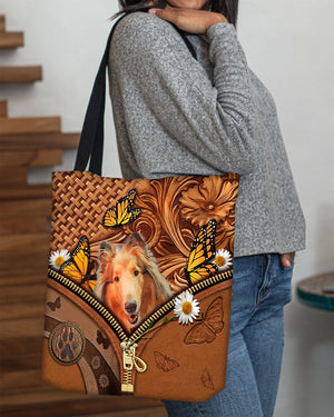 Rough Collie Butterfly Daisy Cloth Tote Bag