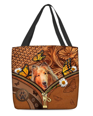 Rough Collie Butterfly Daisy Cloth Tote Bag