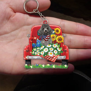 SILVER Miniature Poodle-Red Truck Flat Acrylic Keychain