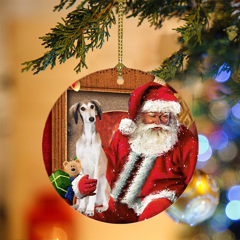 Saluki With Santa Christmas Ornament