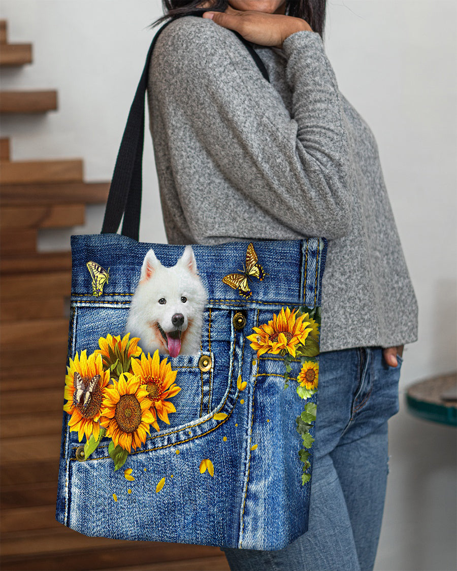 Samoyed-Sunflowers & Butterflies Cloth Tote Bag