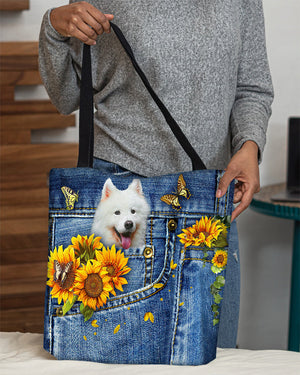 Samoyed-Sunflowers & Butterflies Cloth Tote Bag