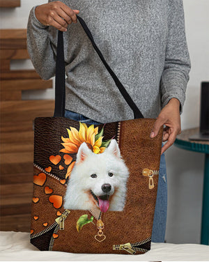 Samoyed-Sunflower&zipper Cloth Tote Bag