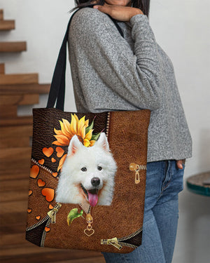 Samoyed-Sunflower&zipper Cloth Tote Bag