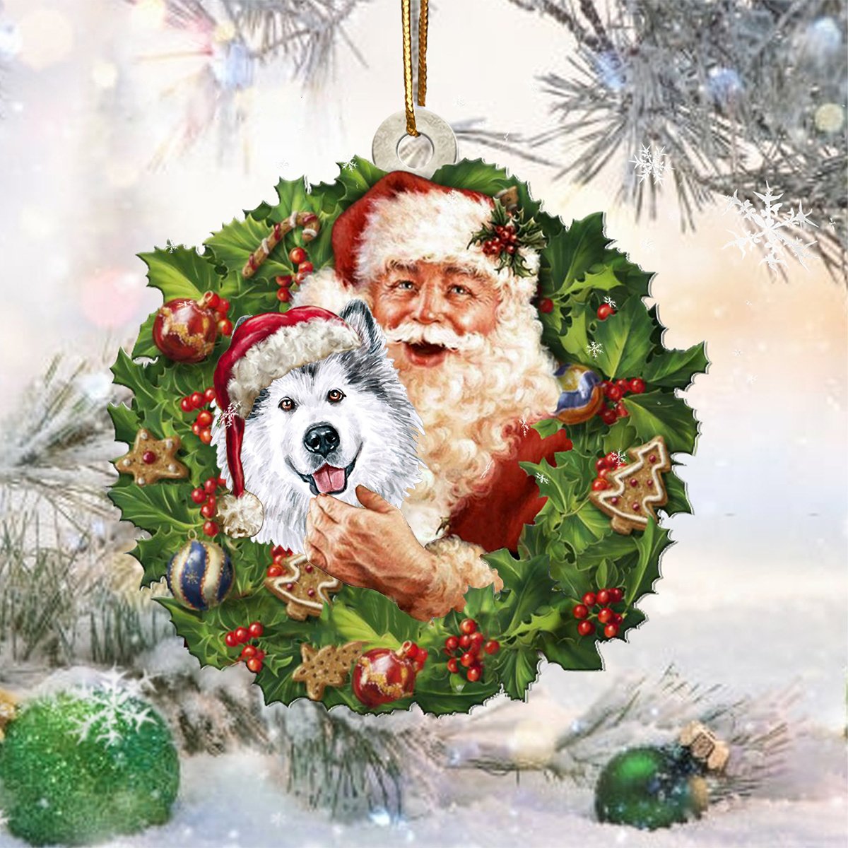 Santa Holds The Alaskan Malamute-Two Sided Ornament