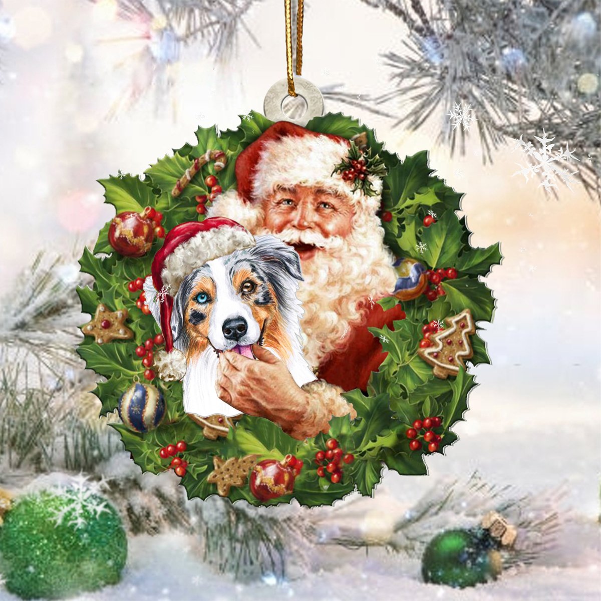 Santa Holds The Australian Shepherd-Two Sided Ornament