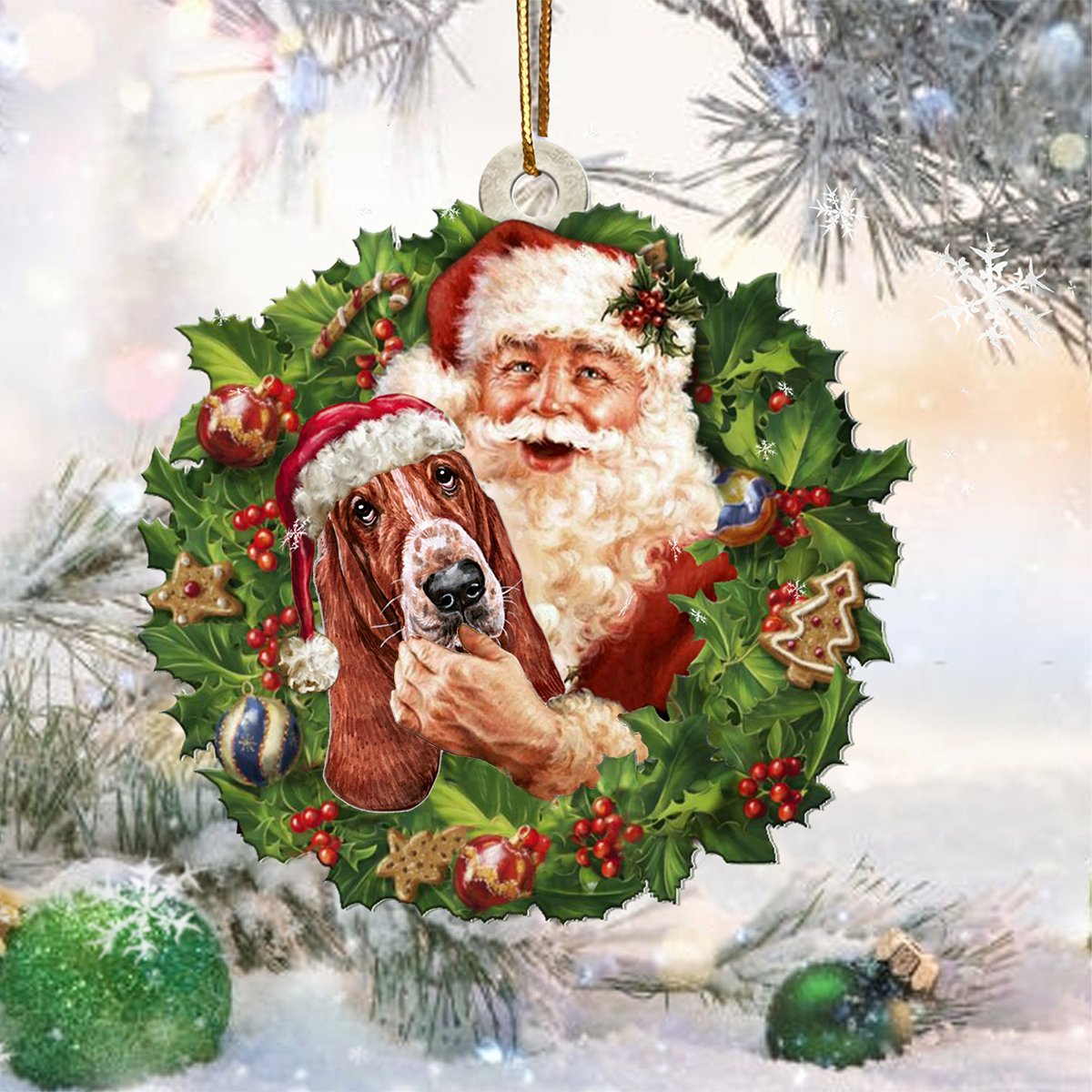 Santa Holds The Basset Hound-Two Sided Ornament