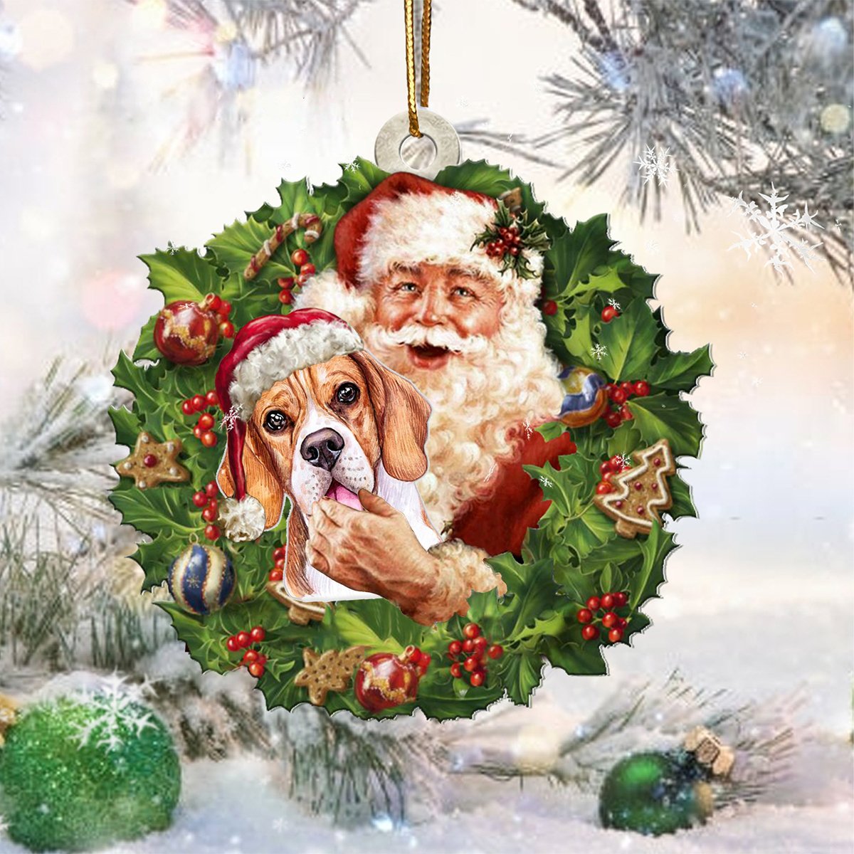 Santa Holds The Beagle-Two Sided Ornament