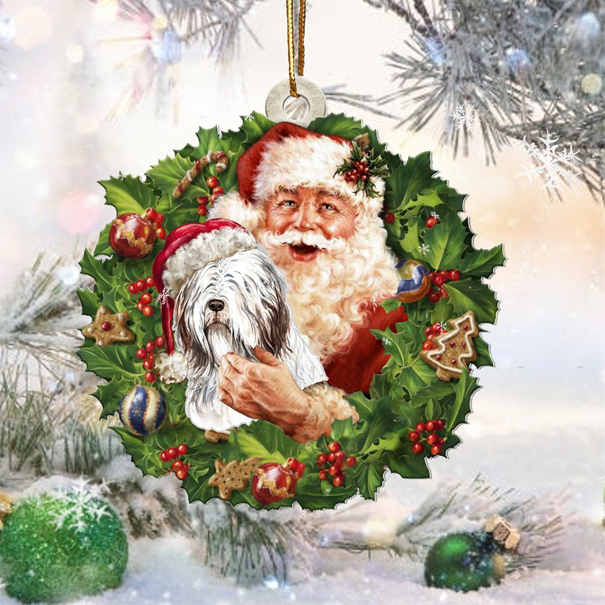 Santa Holds The Bearded Collie-Two Sided Ornament