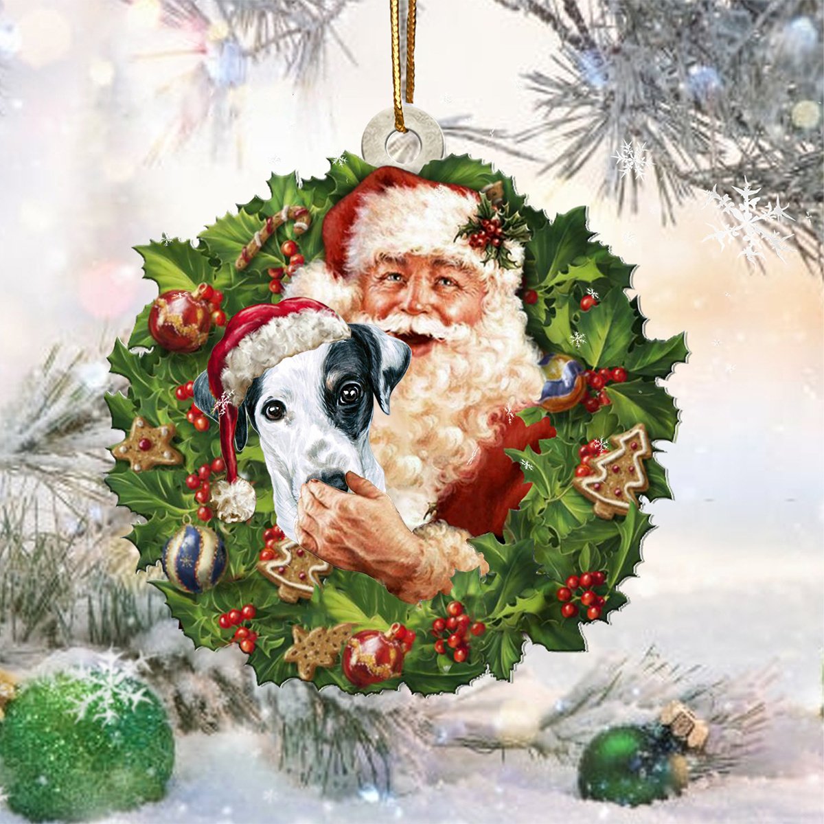 Santa Holds The Black and White Jack Russell Terrier-Two Sided Ornament