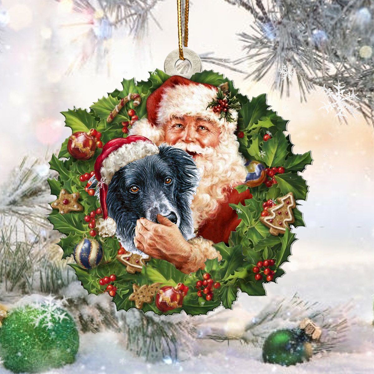 Santa Holds The Border Collie-Two Sided Ornament