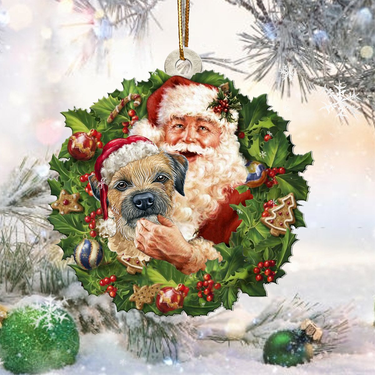 Santa Holds The Border Terrier-Two Sided Ornament