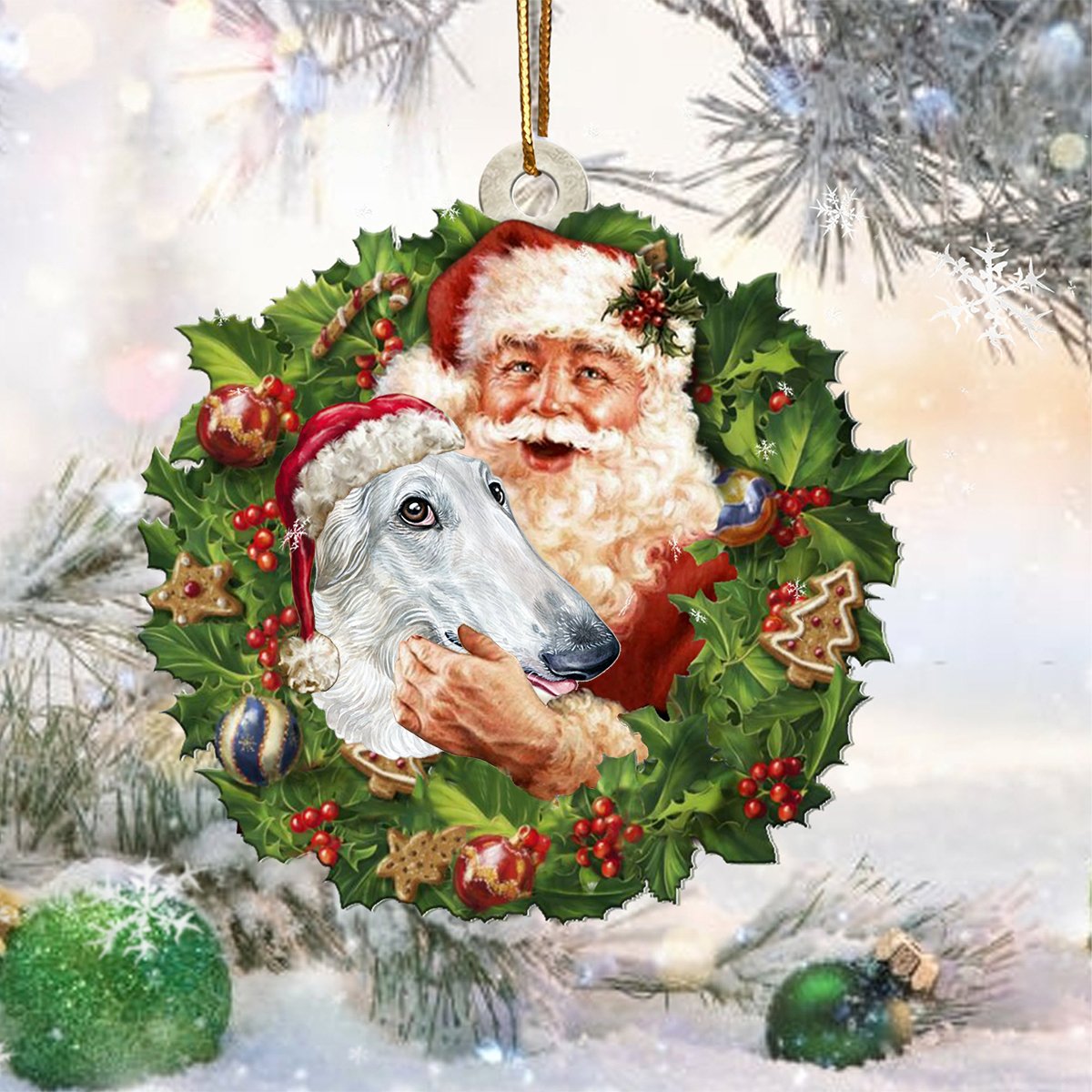 Santa Holds The Borzoi-Two Sided Ornament