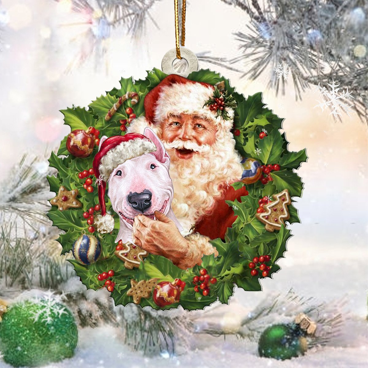 Santa Holds The Bull Terrier-Two Sided Ornament