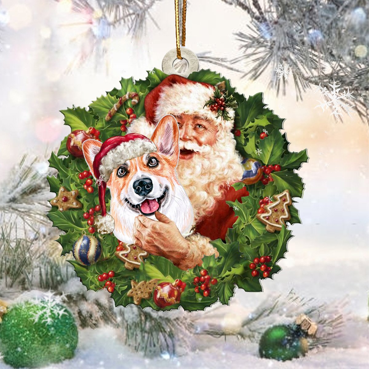Santa Holds The Corgi-Two Sided Ornament