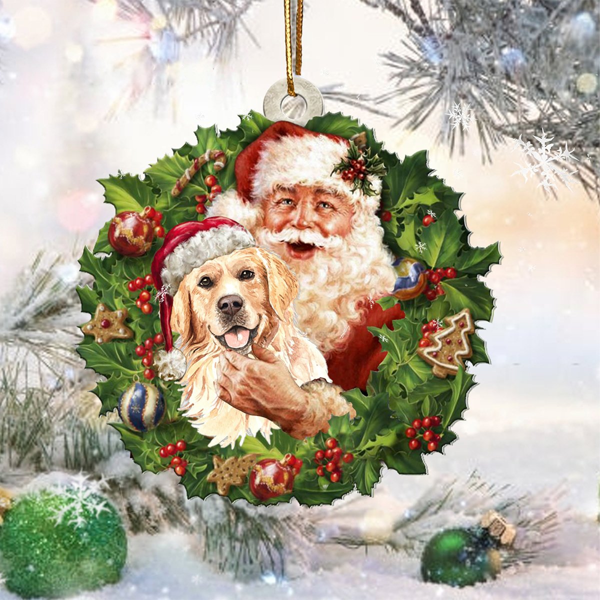 Santa Holds The Golden Retriever-Two Sided Ornament