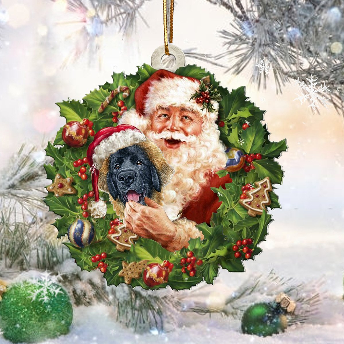 Santa Holds The Leonberger Kiss-Two Sided Ornament