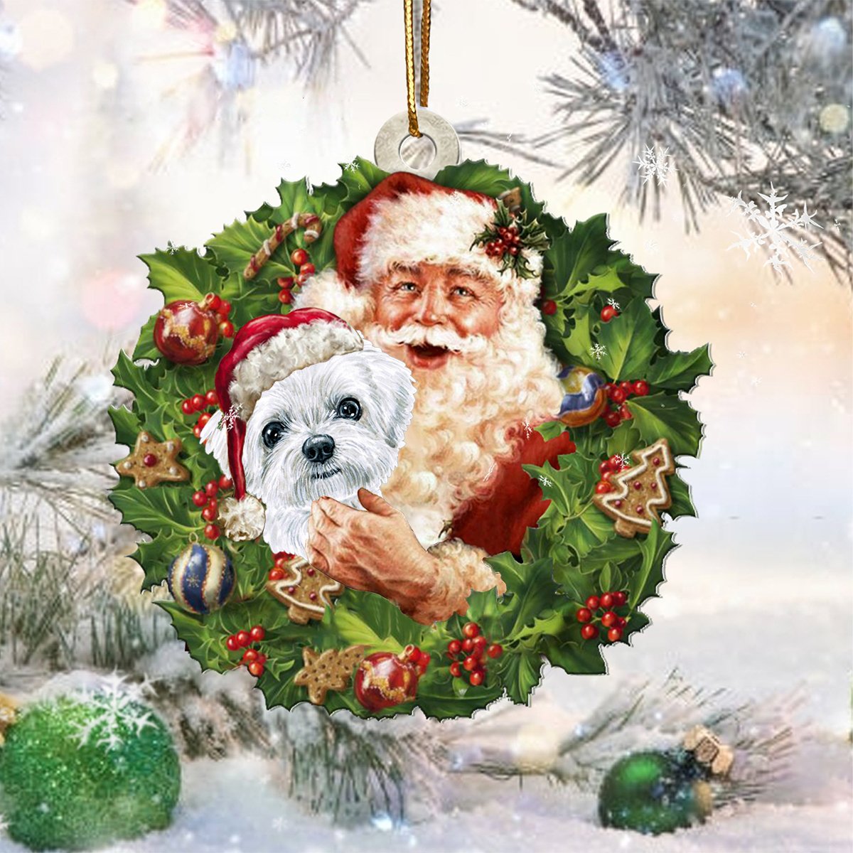 Santa Holds The Maltese-Two Sided Ornament